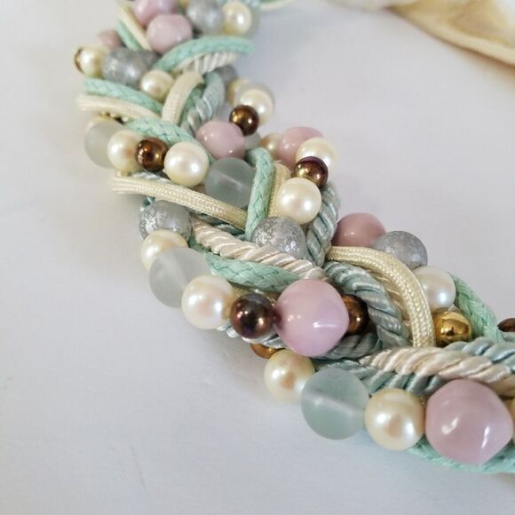 Vintage 80's Carolyn Tanner Inc Braided Pastel Beaded Faux Pearl Statement Belt - Picture 9 of 13